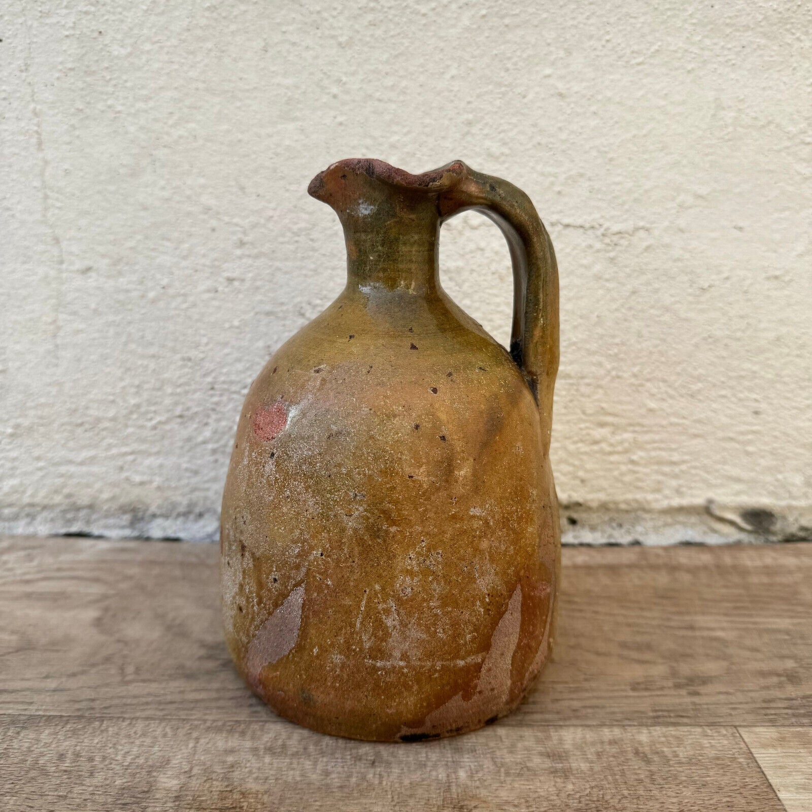 ANTIQUE HANDMADE GLAZED BEIGE BROWN FRENCH TERRA COTTA JUG PITCHER 06022415 - Fleamarketfrance