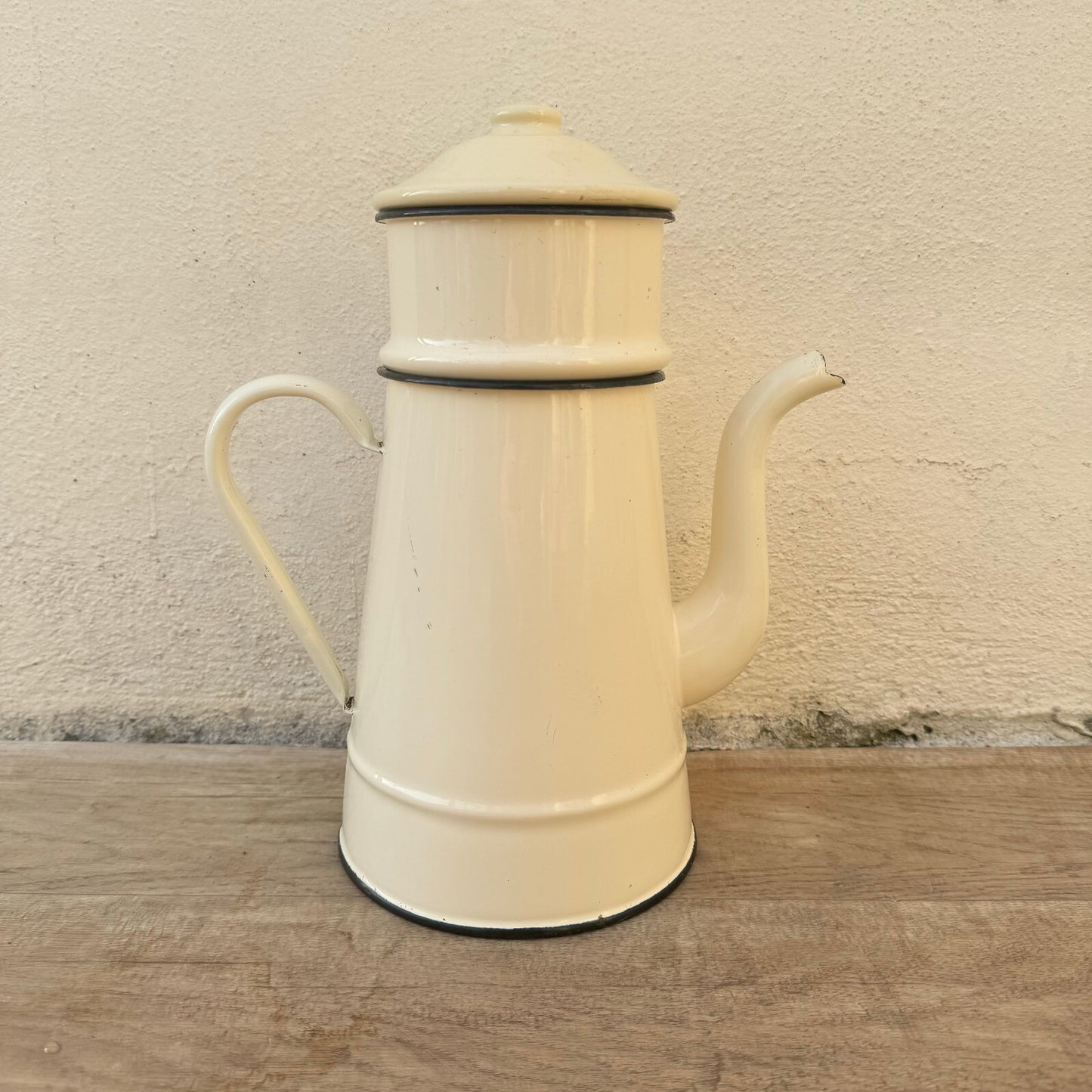 French Enamelware Coffee Pot Cream Black Trim Vintage Camping Kitchen 0602248 Fleamarketfrance