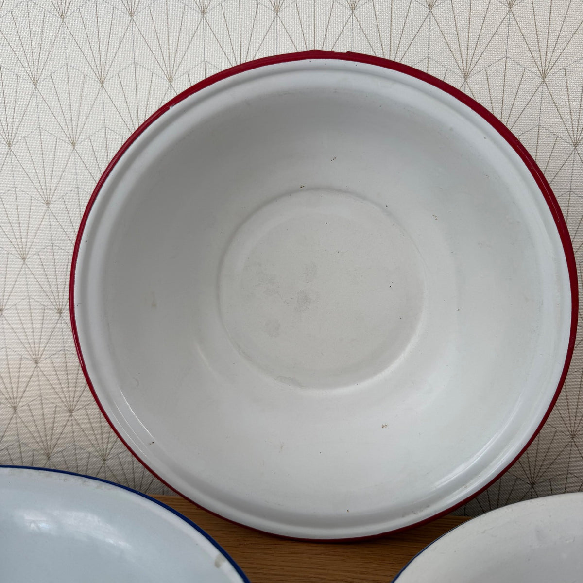 Set 3 French Enamel Basin Bowls White Blue Red Rim Vintage 04092630