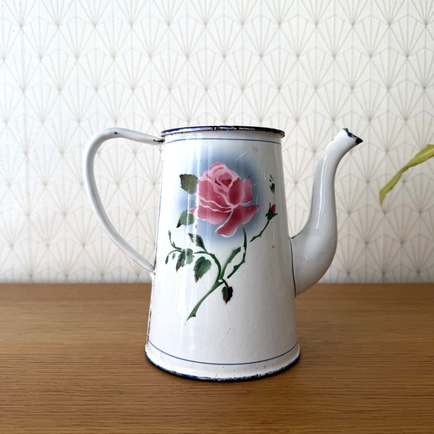 Vintage French Enamel Coffee Pot Rose Decor White Blue Trim 0708267 Fleamarketfrance