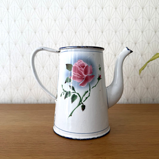 Vintage French Enamel Coffee Pot Rose Decor White Blue Trim 0708267 Fleamarketfrance