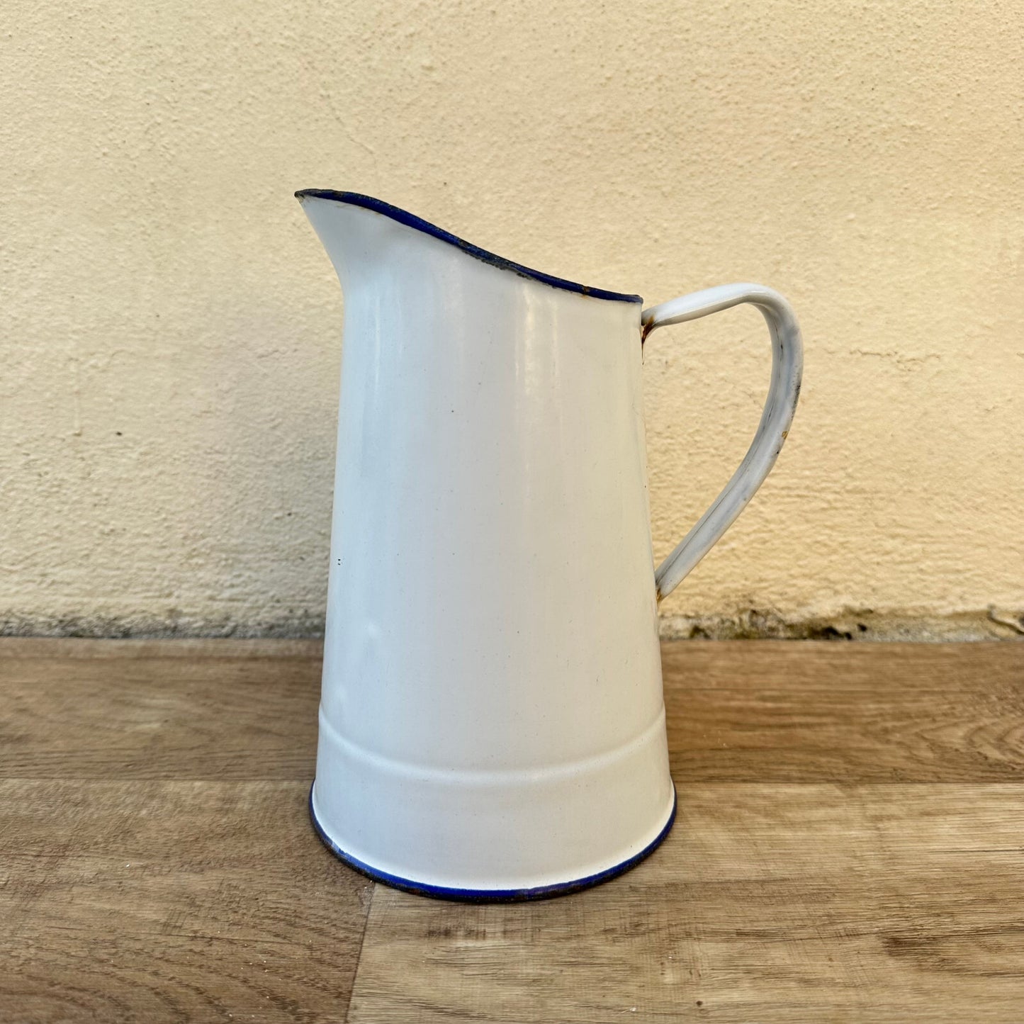 French Enamelware Pitcher White Blue Rim Vintage Water Jug 8" 2509241 Fleamarketfrance