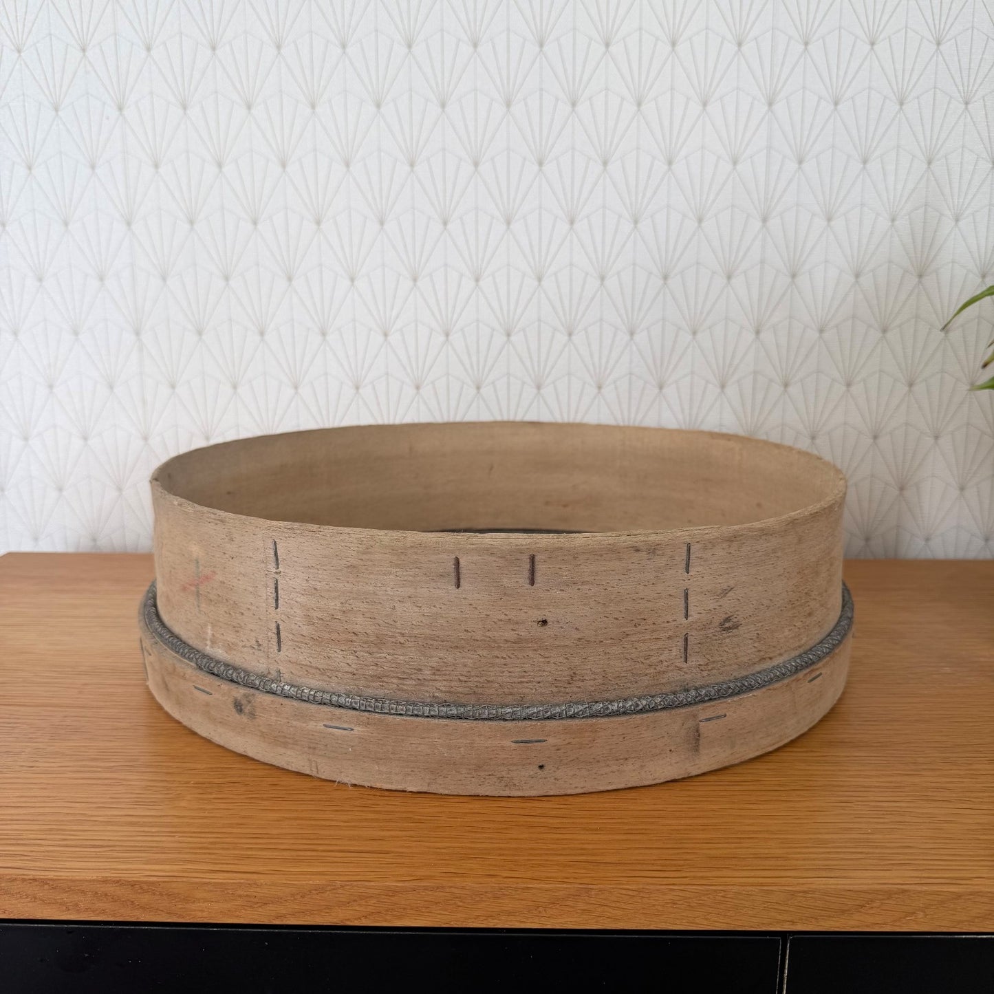 French vintage wooden flour sieve with metal band, exterior view showing bentwood construction
