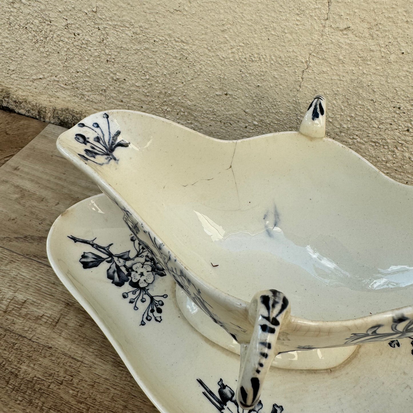 French Sauce Boat E. Bourgeois Paris Blue Floral Earthenware 09072417 Fleamarketfrance