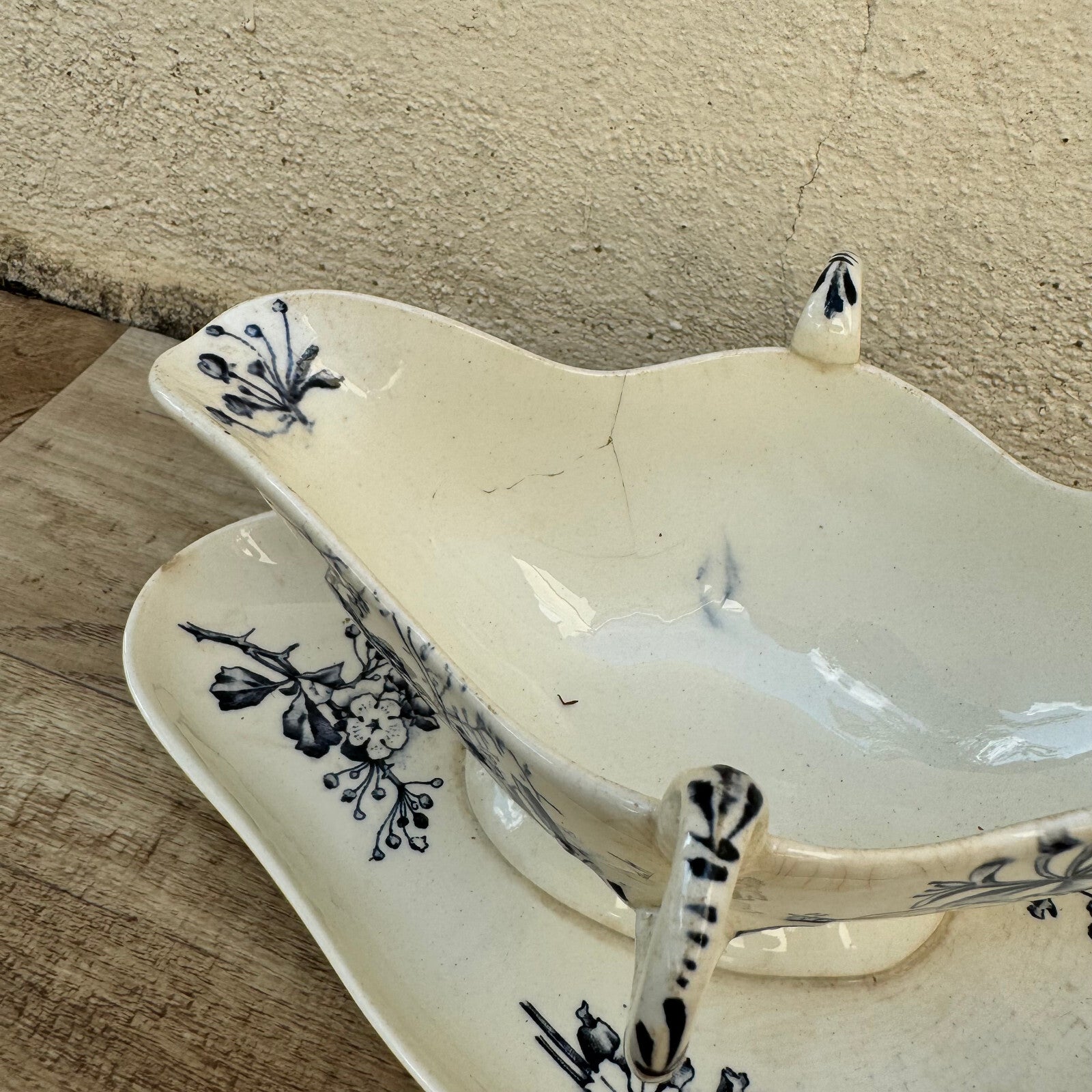 French Sauce Boat E. Bourgeois Paris Blue Floral Earthenware 09072417 Fleamarketfrance