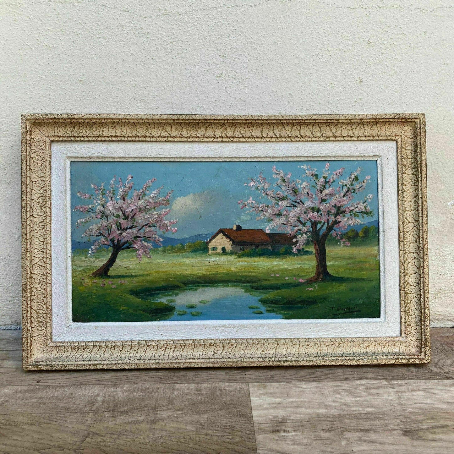 Vintage French Landscape Painting Signed Spring Cherry Blossoms 3001216 Fleamarketfrance