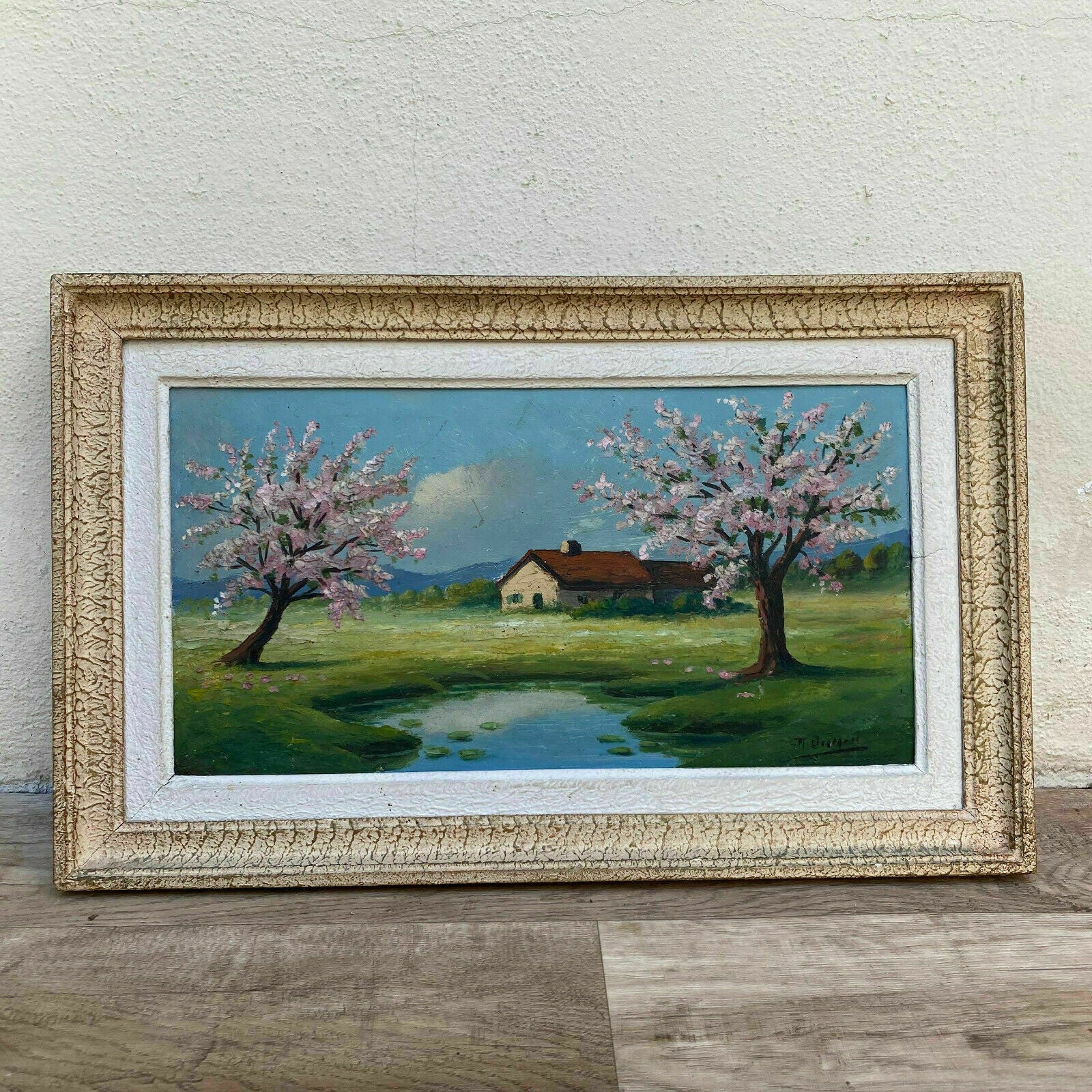 Vintage French Landscape Painting Signed Spring Cherry Blossoms 3001216 Fleamarketfrance