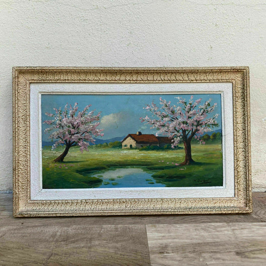 Vintage French Landscape Painting Signed Spring Cherry Blossoms 3001216 Fleamarketfrance