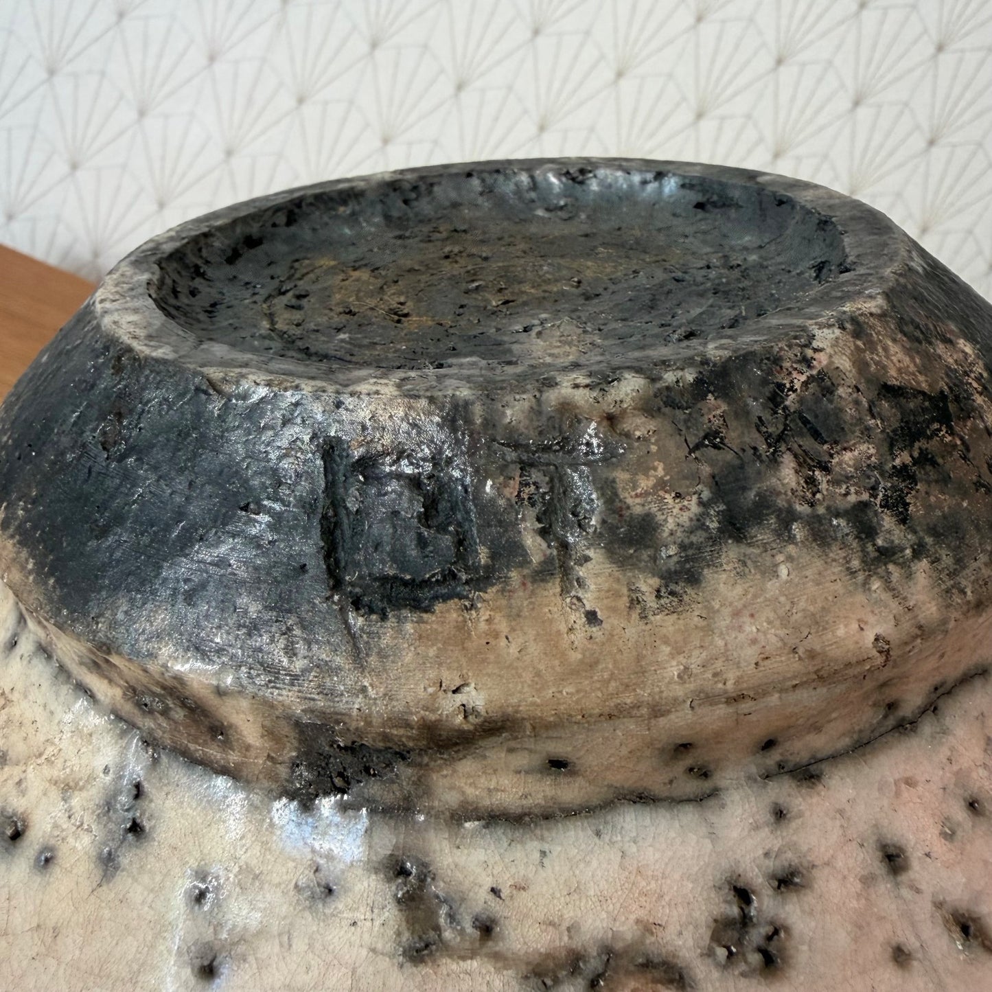 Antique French Crackle Ware Ceramic Pottery Bowl 13" Footed 15062610
