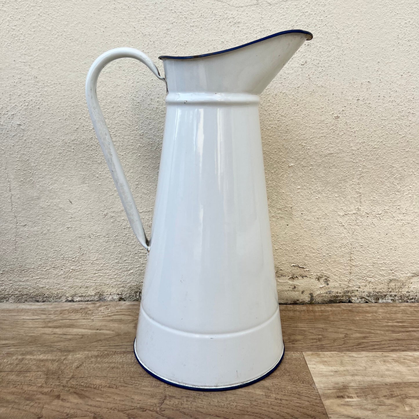 French Enamel Pitcher White Blue Rim Water Jug Antique 37cm 1512245 Fleamarketfrance