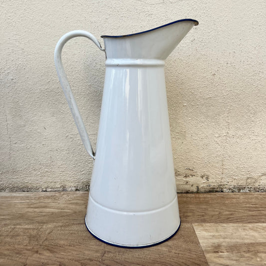 French Enamel Pitcher White Blue Rim Water Jug Antique 37cm 1512245 Fleamarketfrance