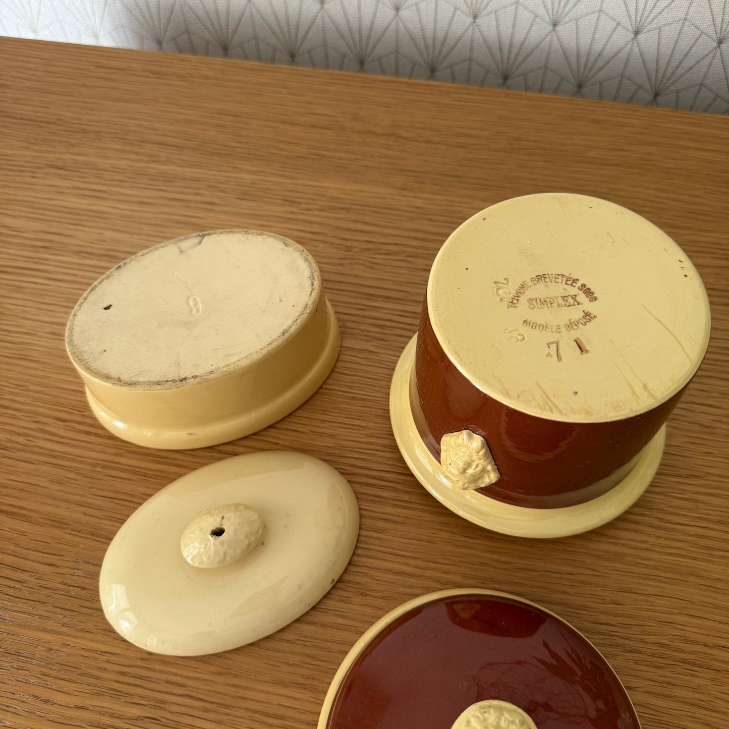 French Ceramic Terrines SIMPLEX Foie Gras Brown Yellow Vintage Set 1209253 Unmarked