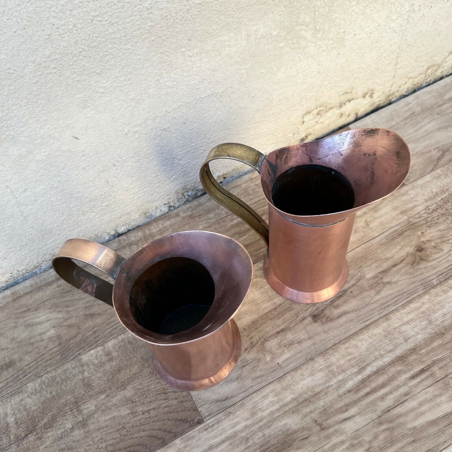 set of 2 Vintage French tiny Jug Pitcher Staved Copper 1203223 - Fleamarketfrance