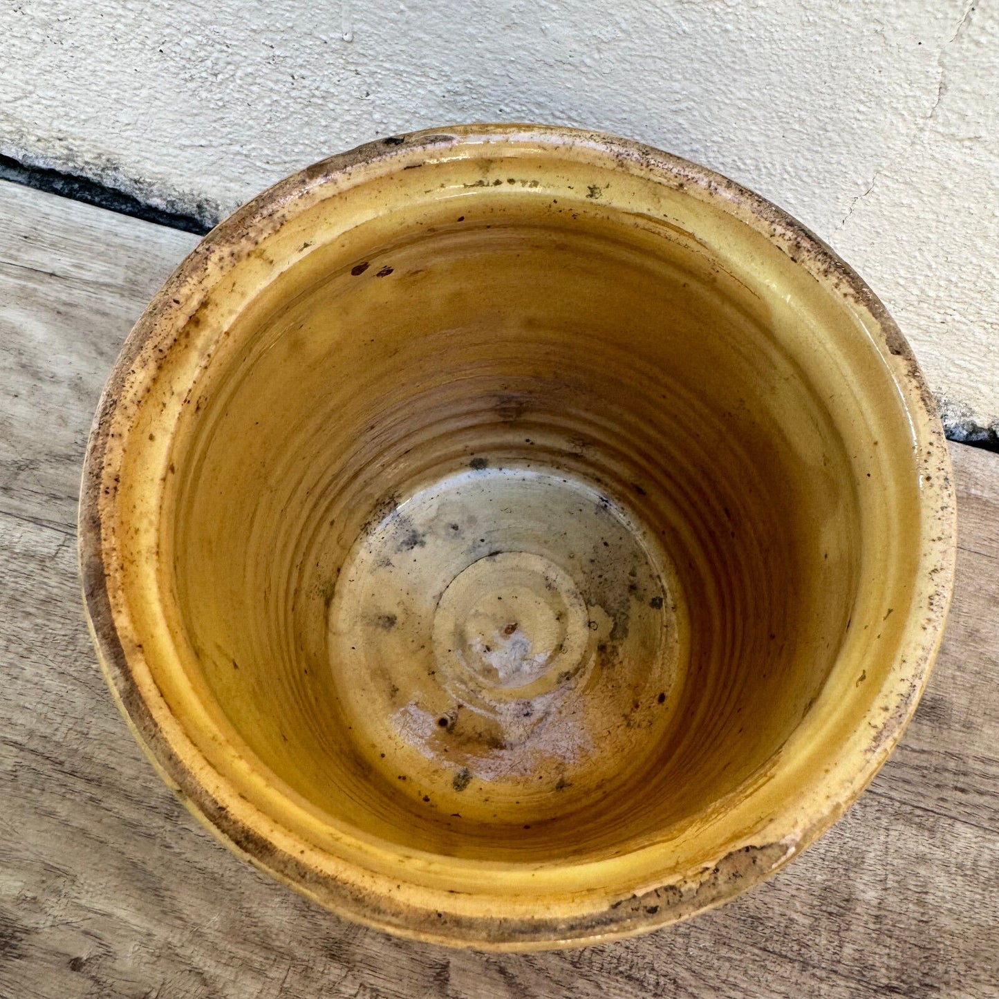 HANDMADE GLAZED YELLOW ANTIQUE FRENCH CONFIT POT TERRACOTTA 6" 0410234 - Fleamarketfrance