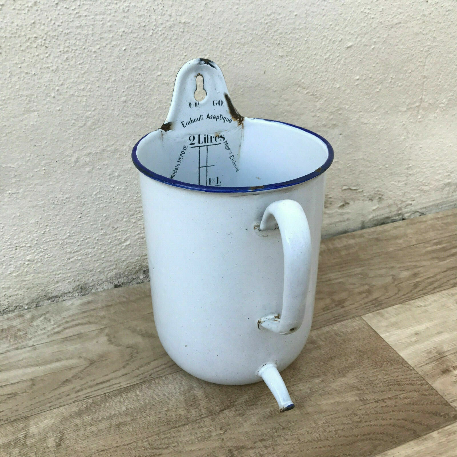 Antique French Enamel Irrigator Medical White Blue Enamelware Douche 0912193 Fleamarketfrance