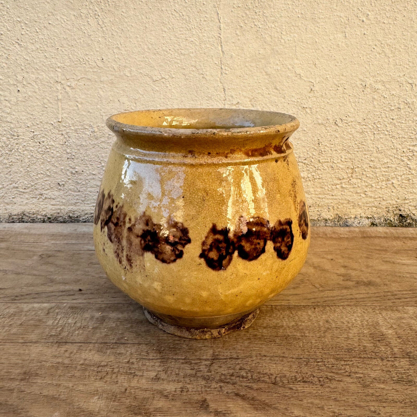 HANDMADE GLAZED BROWN YELLOW ANTIQUE FRENCH HONEY POT TERRACOTTA 1202258 - Fleamarketfrance