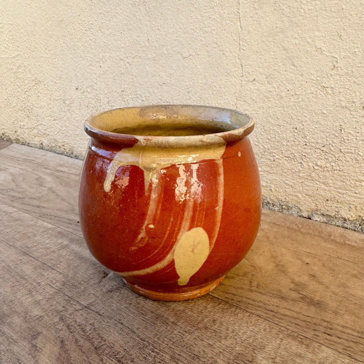 HANDMADE GLAZED RED YELLOW ANTIQUE FRENCH HONEY POT TERRACOTTA 12022510 - Fleamarketfrance