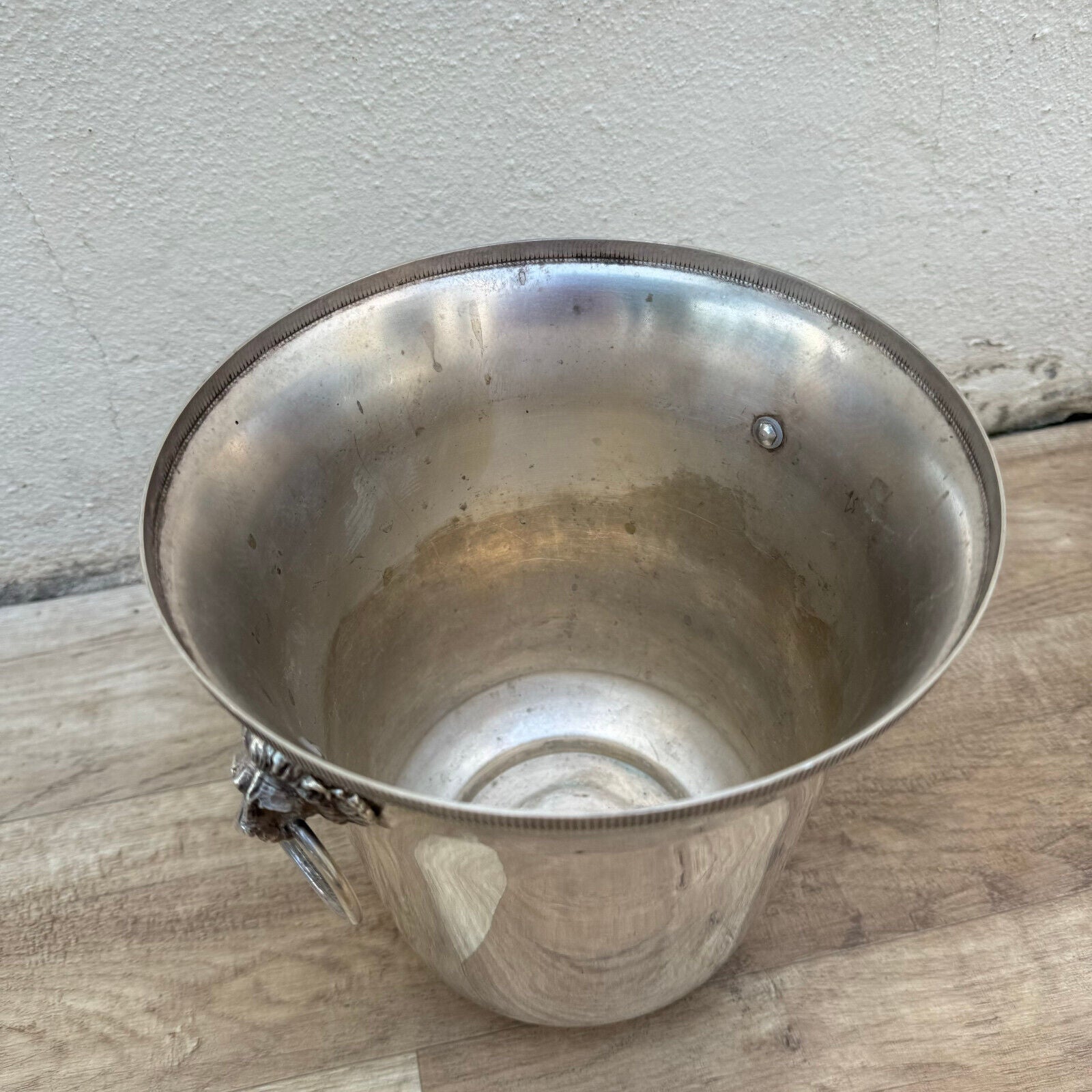 Vintage French Champagne Silverplate Ice Bucket Lion Head Handles 1012247 - Fleamarketfrance