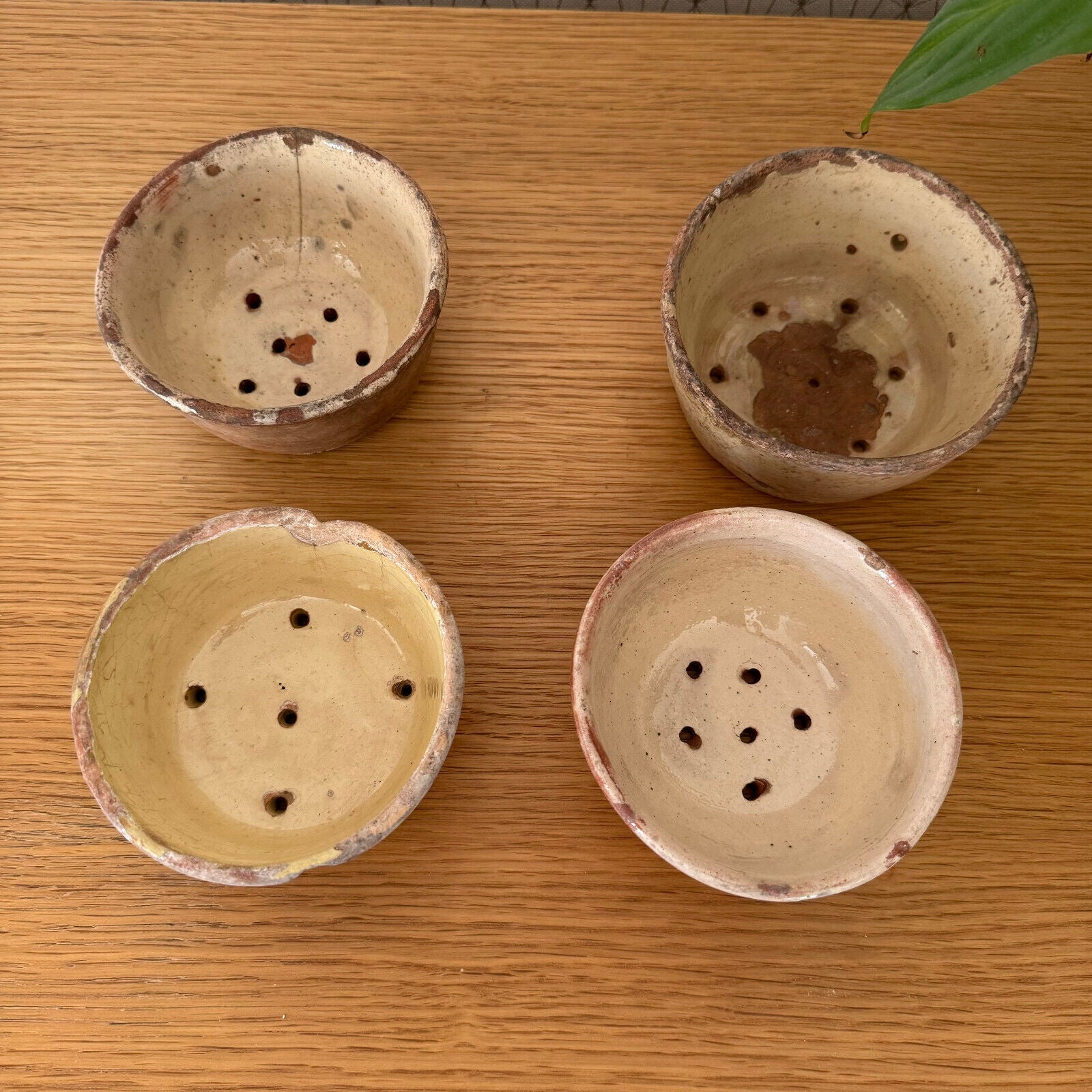 4 Vintage Antique glazed French Tan Stoneware Cheese Faisselle Strainer 1111249 - Fleamarketfrance