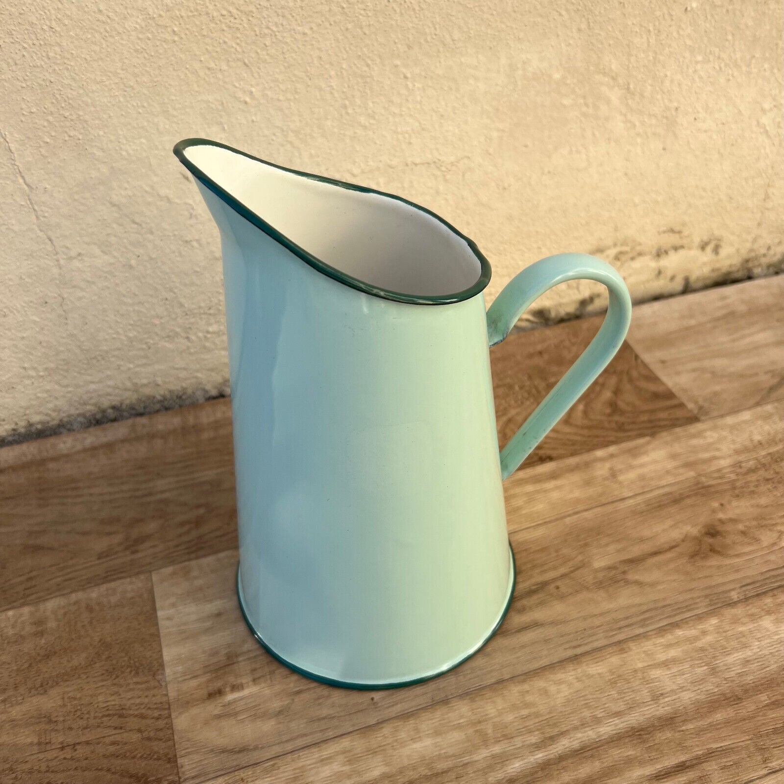 Vintage French Enamel pitcher jug water light green blue 2710244 - Fleamarketfrance