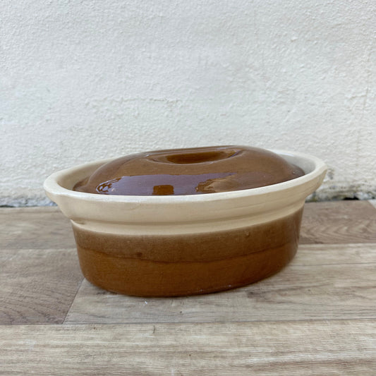 Vintage French Stoneware Terrine Brown Oval Casserole Dish Lid 12092427 Unmarked