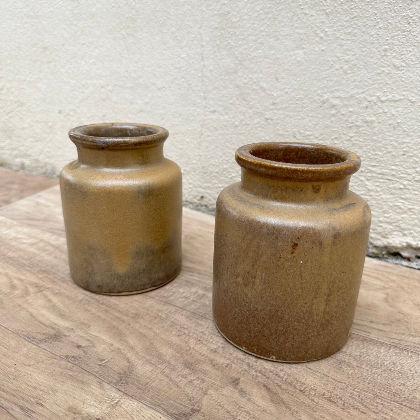 French Stoneware Mustard Pots Antique Brown Glazed Handmade Pair 1511233 Unmarked