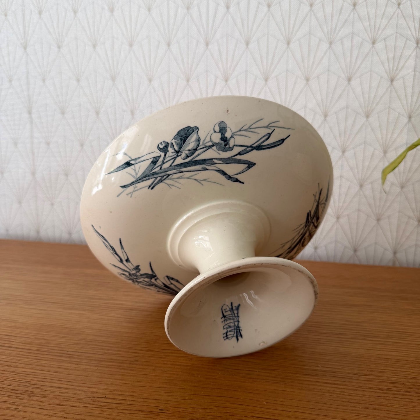 French Antique Luneville Compote Pedestal Dish Blue Floral Birds 0708264 Unmarked