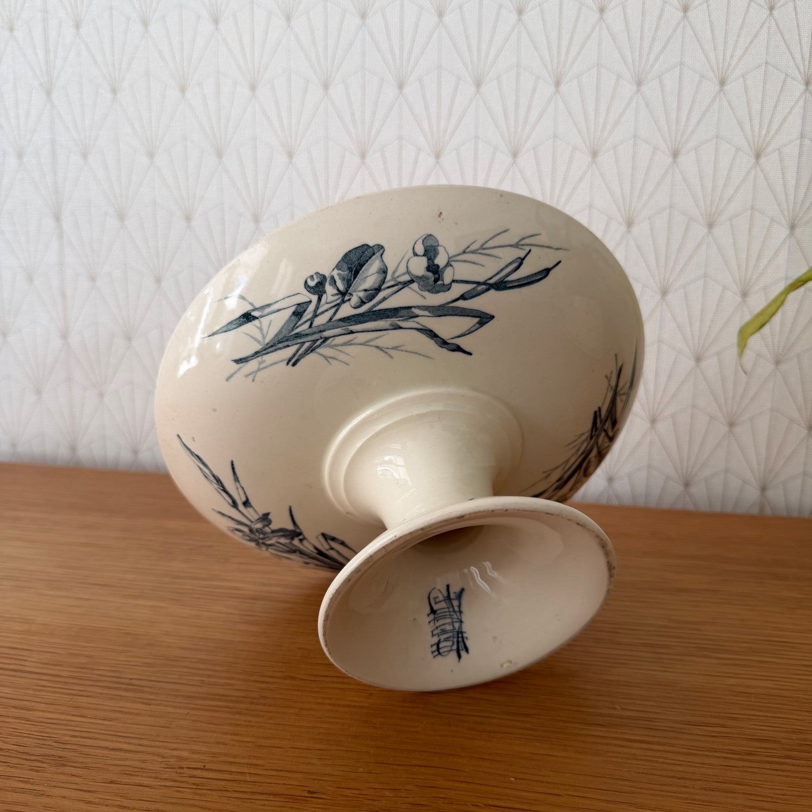 French Antique Luneville Compote Pedestal Dish Blue Floral Birds 0708264 Unmarked