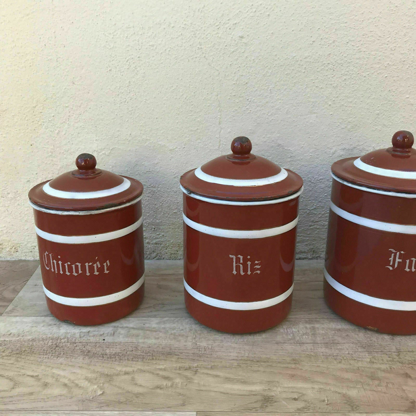 Bistro Francais 4 Canisters Set French Enameled France Vintage 1900 s 28041818 - Fleamarketfrance