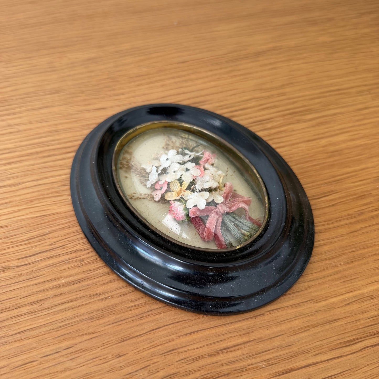 Antique French Napoleon III Reliquary Black Wood Frame Fabric Flowers 2203262 Fleamarketfrance