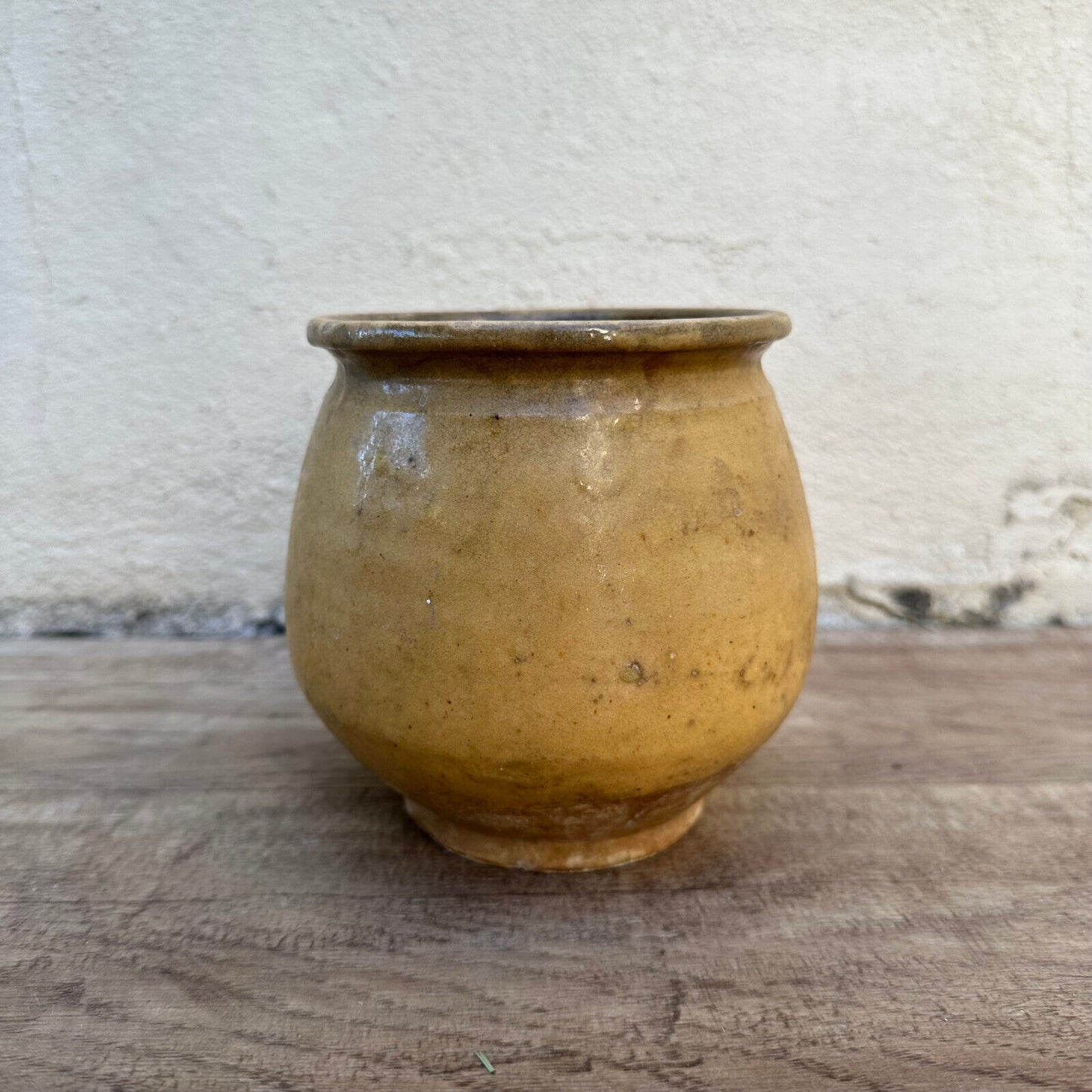 HANDMADE GLAZED YELLOW ANTIQUE FRENCH CONFIT POT SMALL TERRACOTTA 4 3/4" 2407237 - Fleamarketfrance