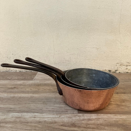 French Copper Saucepans Set 3 Hammered 2mm Vintage Tin Lined 24042410 Unbranded