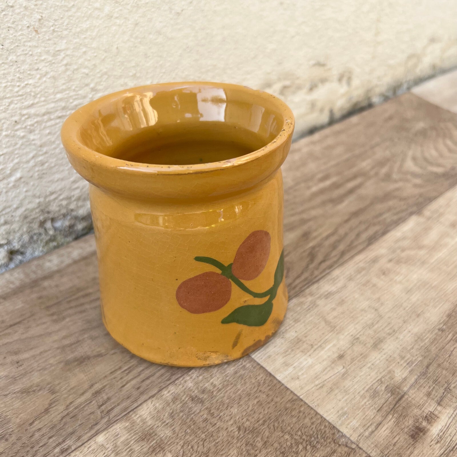 French Confit Pot Antique Yellow Terracotta Floral Pottery 4" 12102413 Unmarked