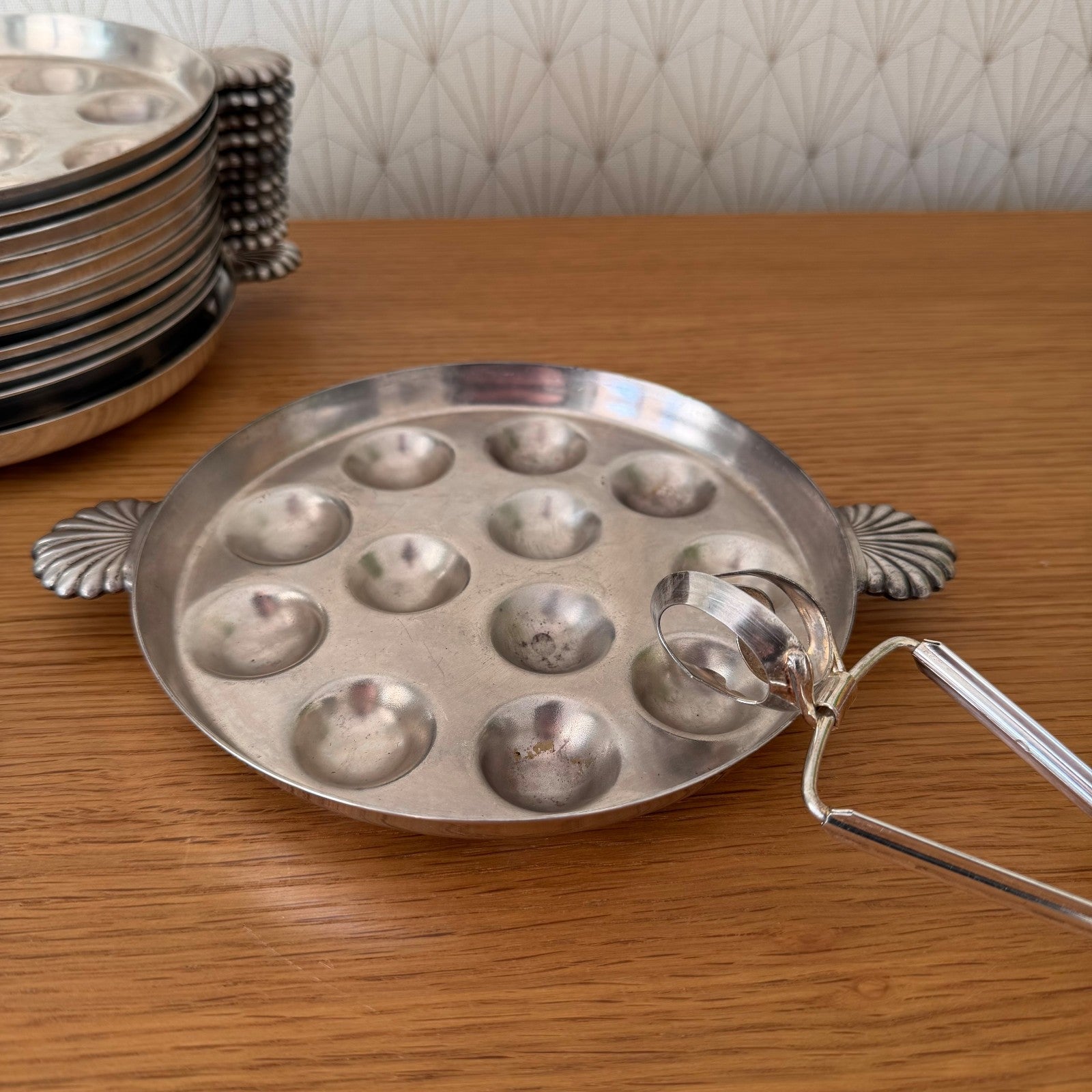 French Escargot Plates Set 12 Silver Plate Snail Dishes Tongs 13012617 Fleamarketfrance : French vintage and antique decor