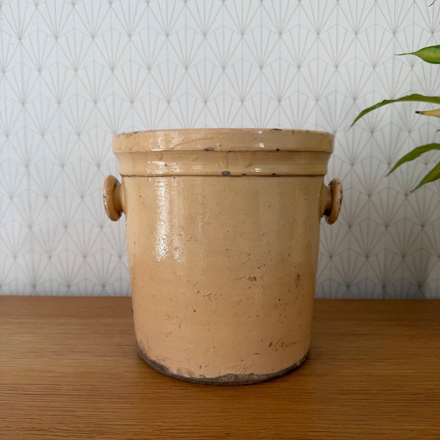 Antique French earthenware crock with handles, side view showing patina