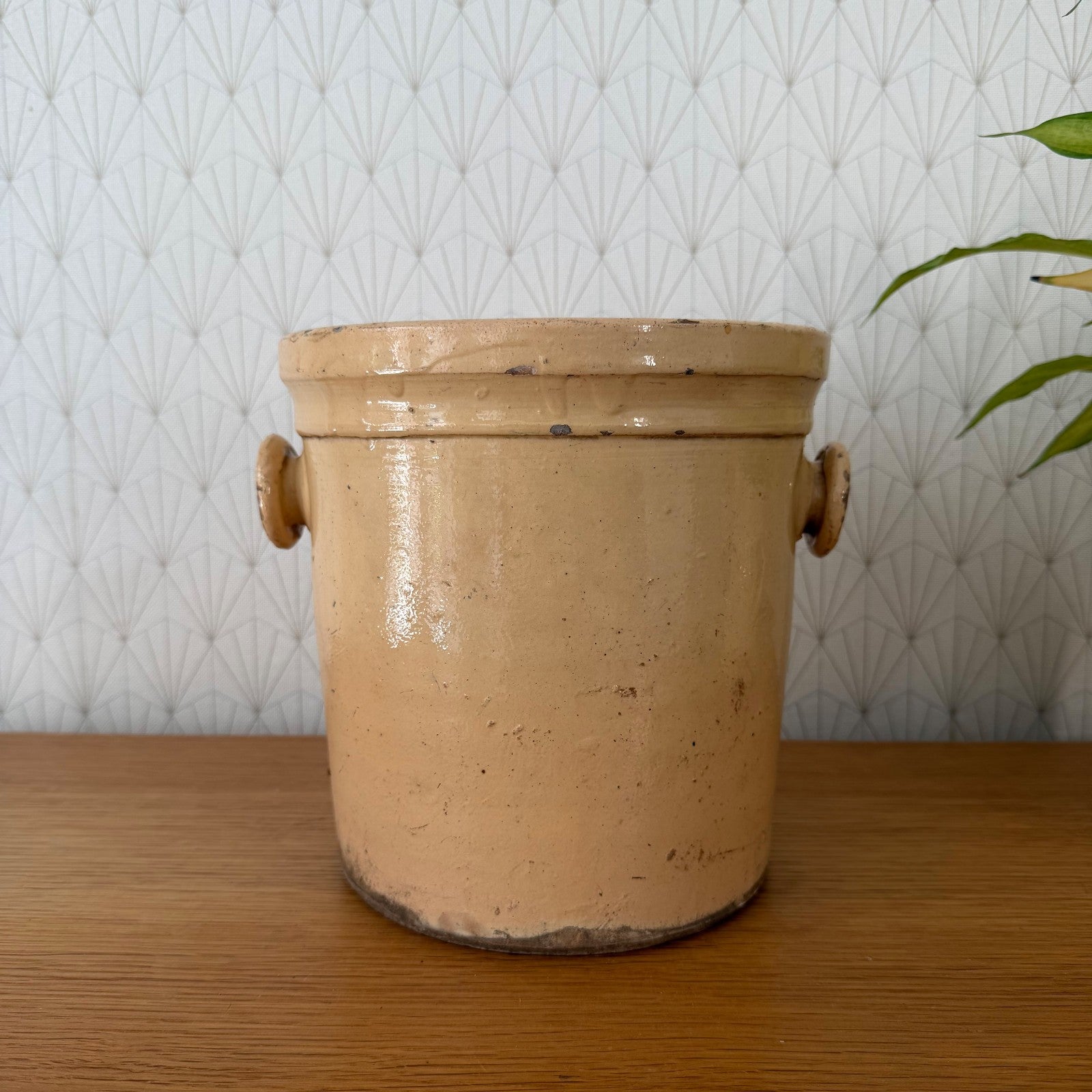 Antique French earthenware crock with handles, side view showing patina