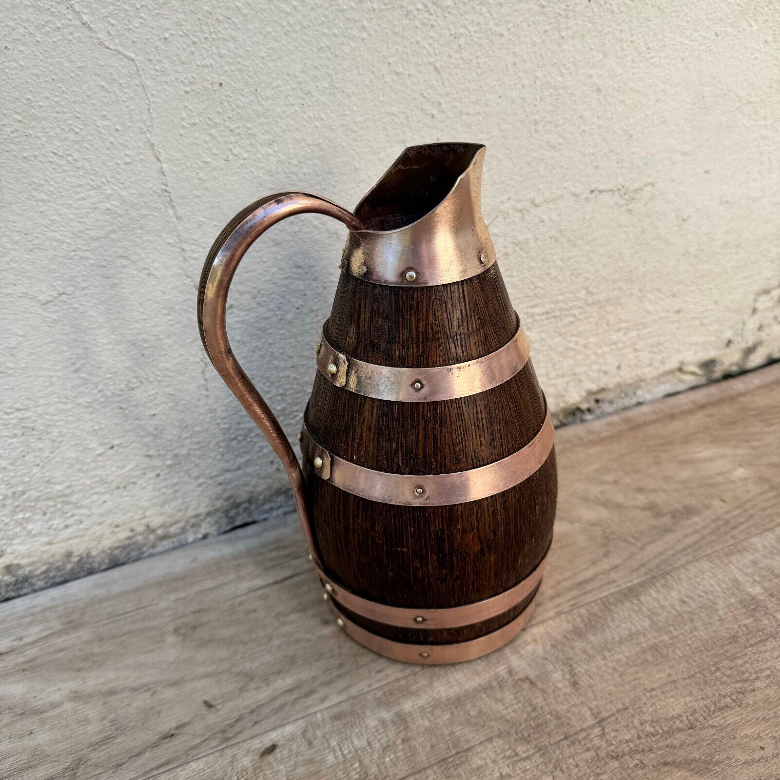 Vintage French Wooden Wine Cider Jug Pitcher Staved Wood Metal 7 3/4" 12062417 - Fleamarketfrance