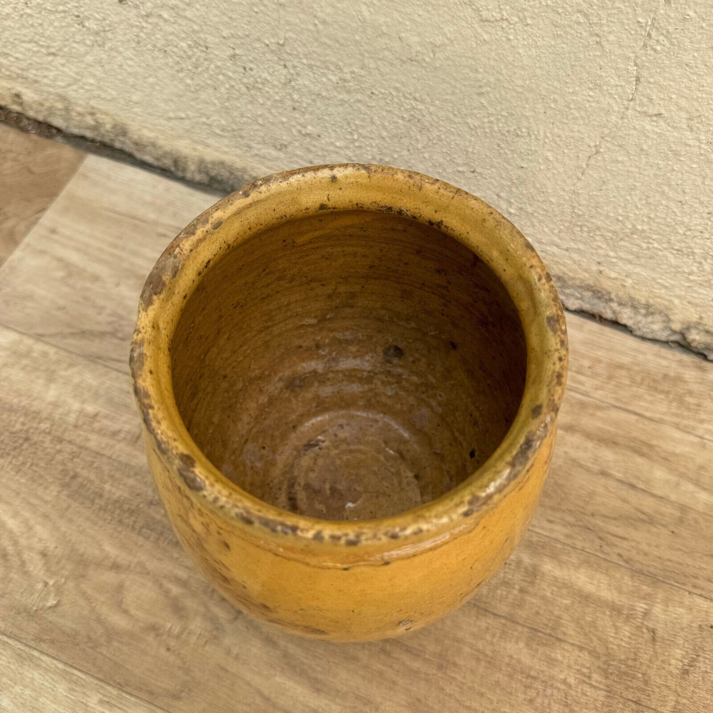 HANDMADE GLAZED YELLOW ANTIQUE FRENCH CONFIT POT SMALL TERRACOTTA 5 3/4" 3008243 - Fleamarketfrance