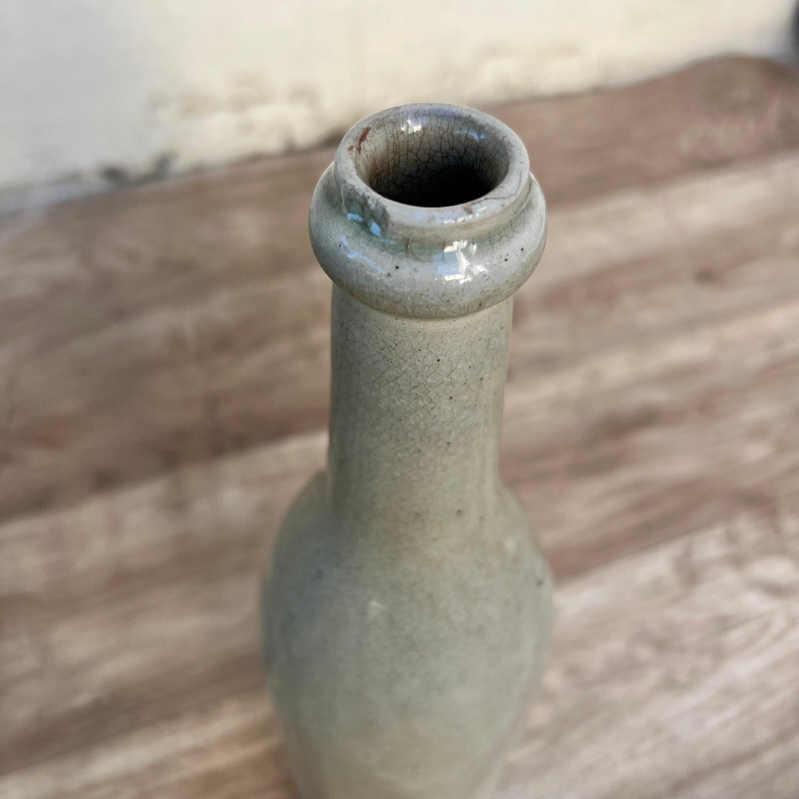 French Stoneware Bottle Vintage Wine Water Jug Green Glaze 11.5" 0610249 Unmarked