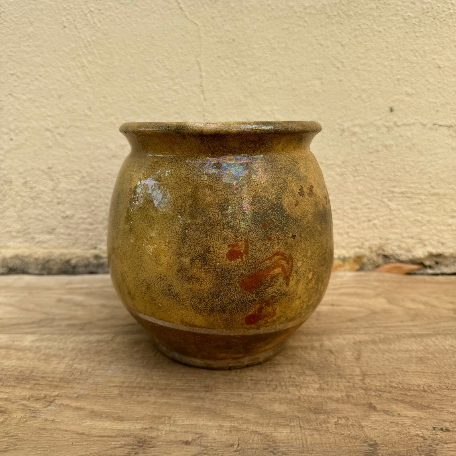 Antique French Confit Pot Glazed Terracotta Yellow Round 6" 3008242 Unmarked