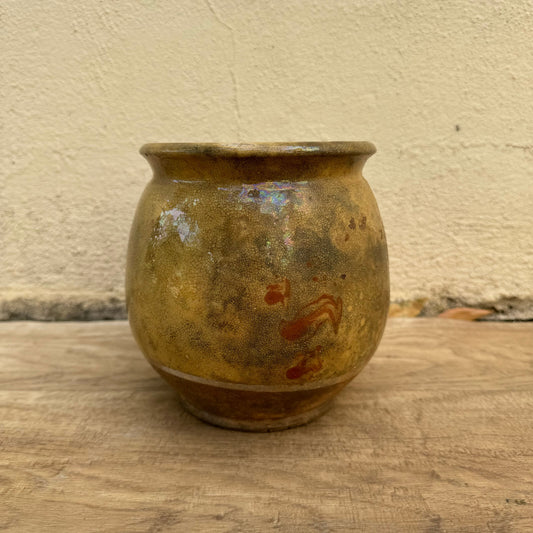 Antique French Confit Pot Glazed Terracotta Yellow Round 6" 3008242 Unmarked