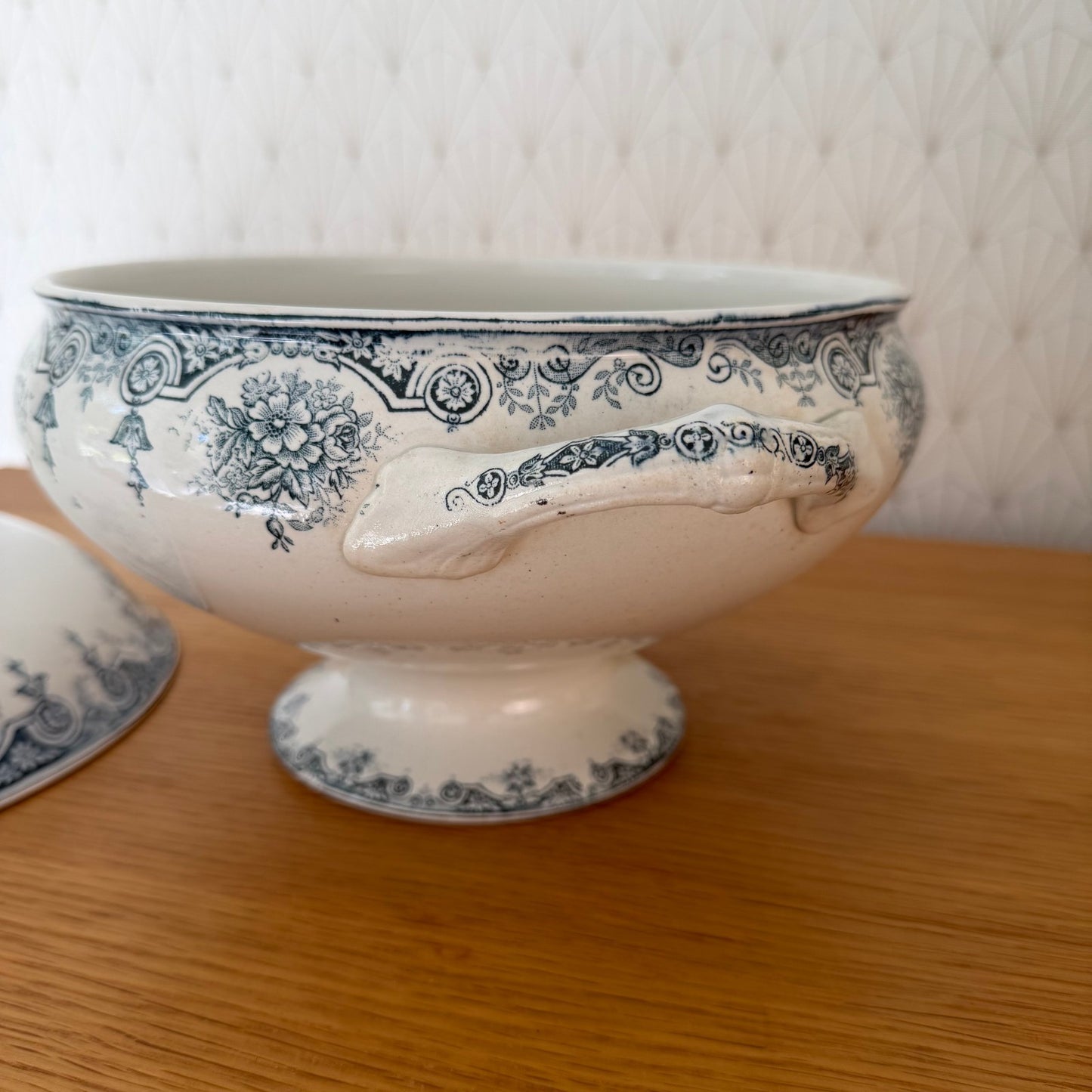 French Tureen Earthenware White Blue Fruits Bowl Terre De Fer  2210251