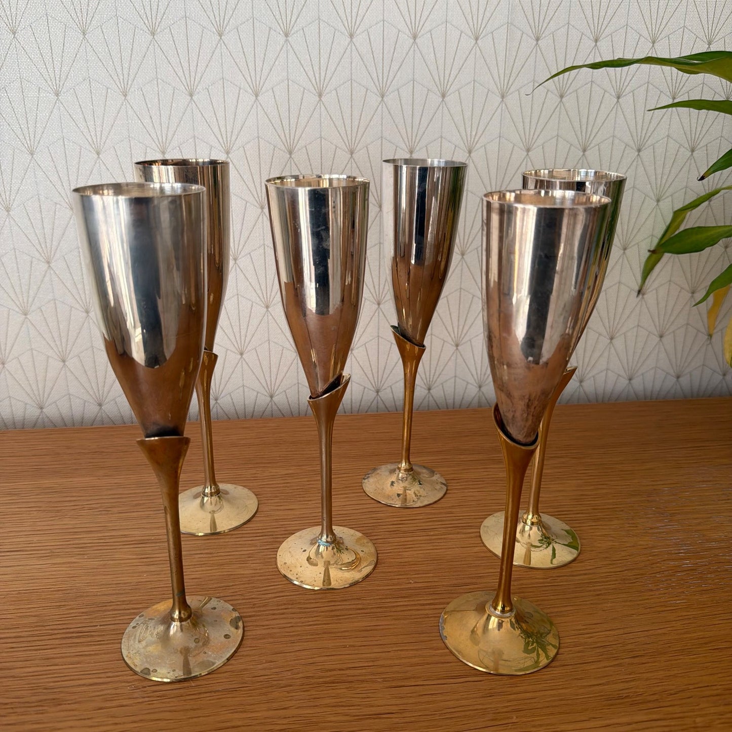 Vintage 6 silver gold champagne flutes silverplate glasses set 1905262 International Silver