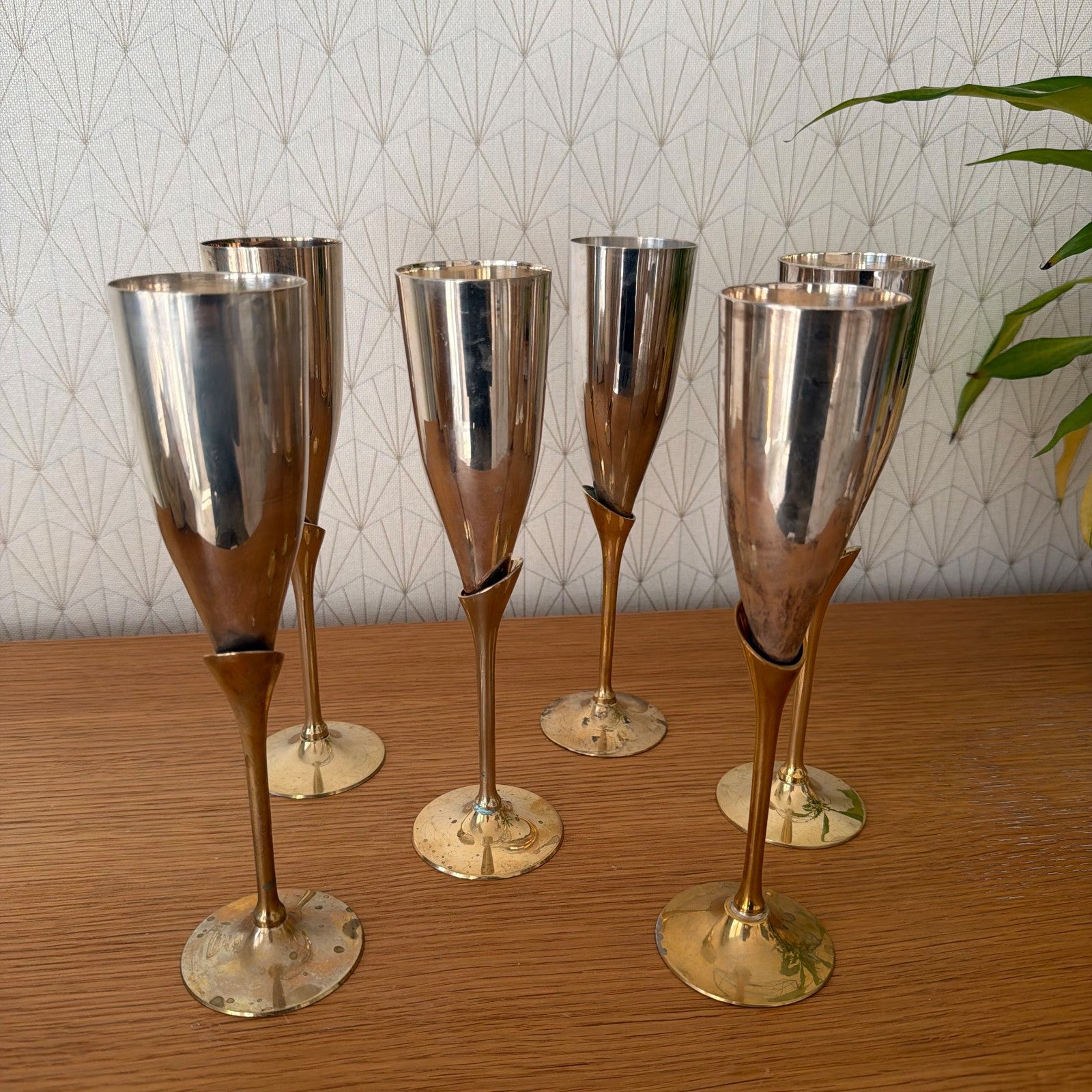 Vintage 6 silver gold champagne flutes silverplate glasses set 1905262 International Silver