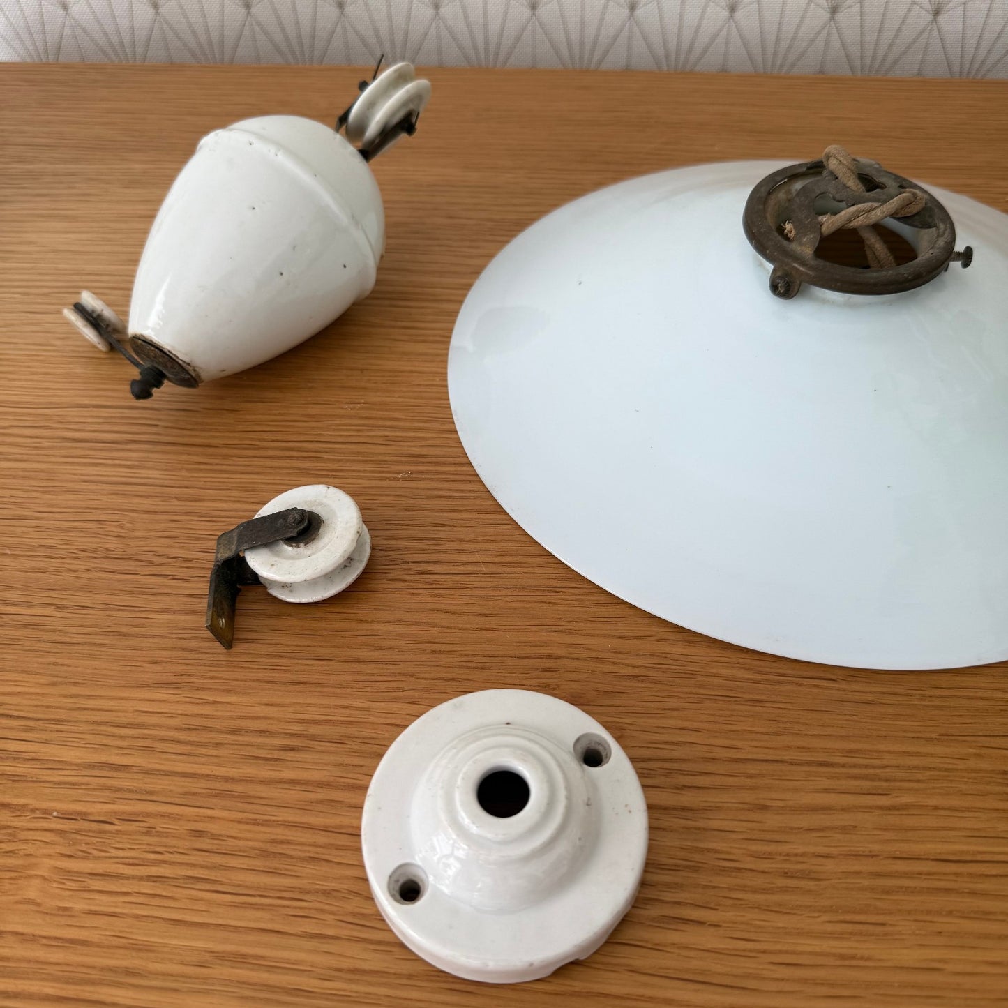 French vintage Rise and fall pendant light with opaline lampshade 0711253 Unbranded