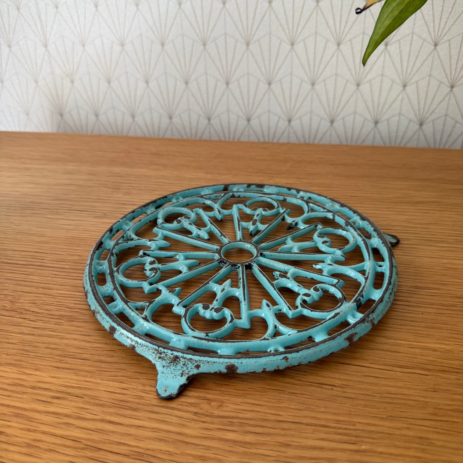 Antique vintage french Cast iron kitchen Trivet france blue turquoise 0807259 Does Not Apply