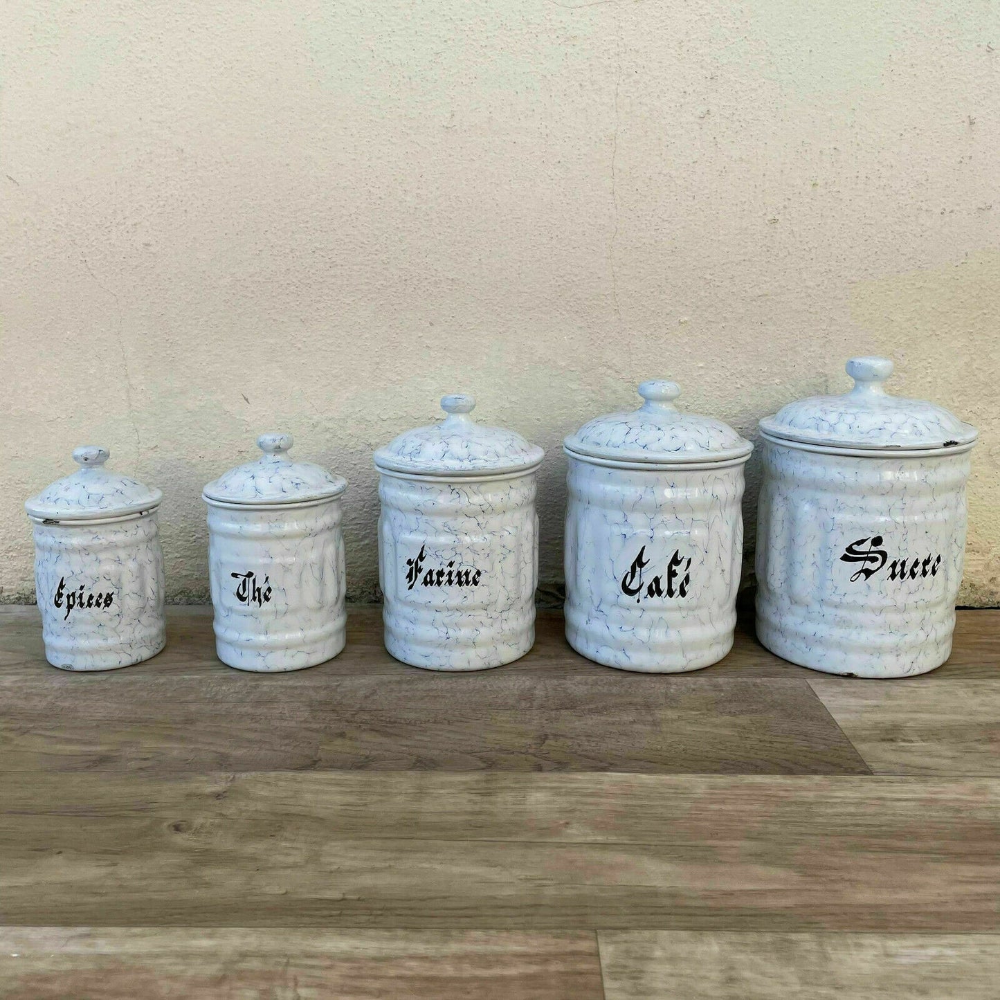 Vintage French Enamelware Canisters Set of 5 Kitchen Storage 0311218 Fleamarketfrance