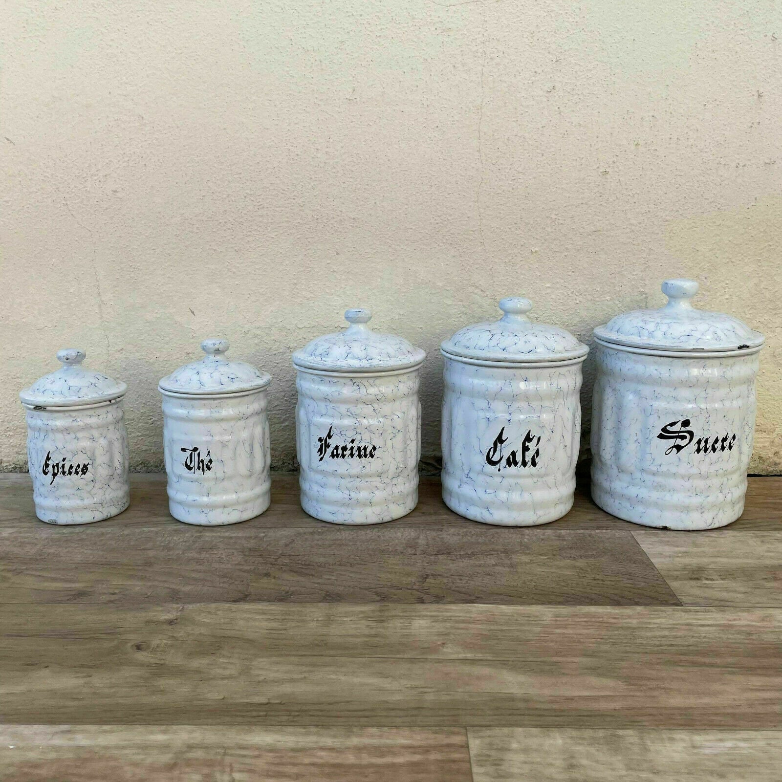 Vintage French Enamelware Canisters Set of 5 Kitchen Storage 0311218 Fleamarketfrance