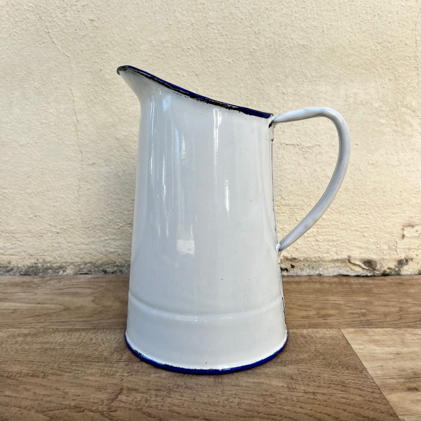 French Enamelware Pitcher White Blue Rim Vintage Water Jug 1709221 Fleamarketfrance