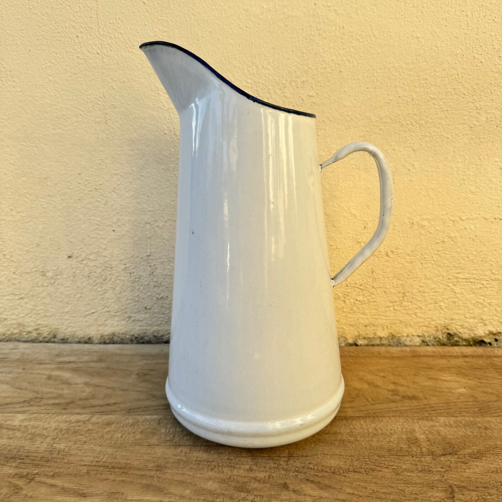 Vintage French Enamel Pitcher Jug Water Enameled White with Tag 1302255 - Fleamarketfrance